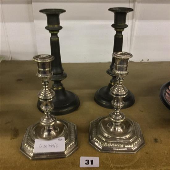 Pair plated candlesticks & another pair brass